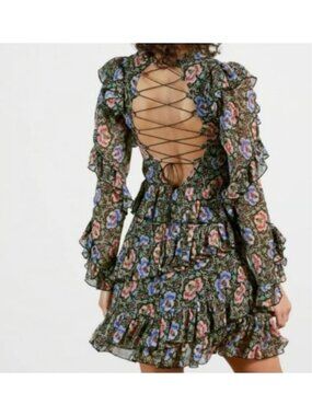Ted Baker long-sleeve floral mini dress corset back size 2 delicate ruffled tier